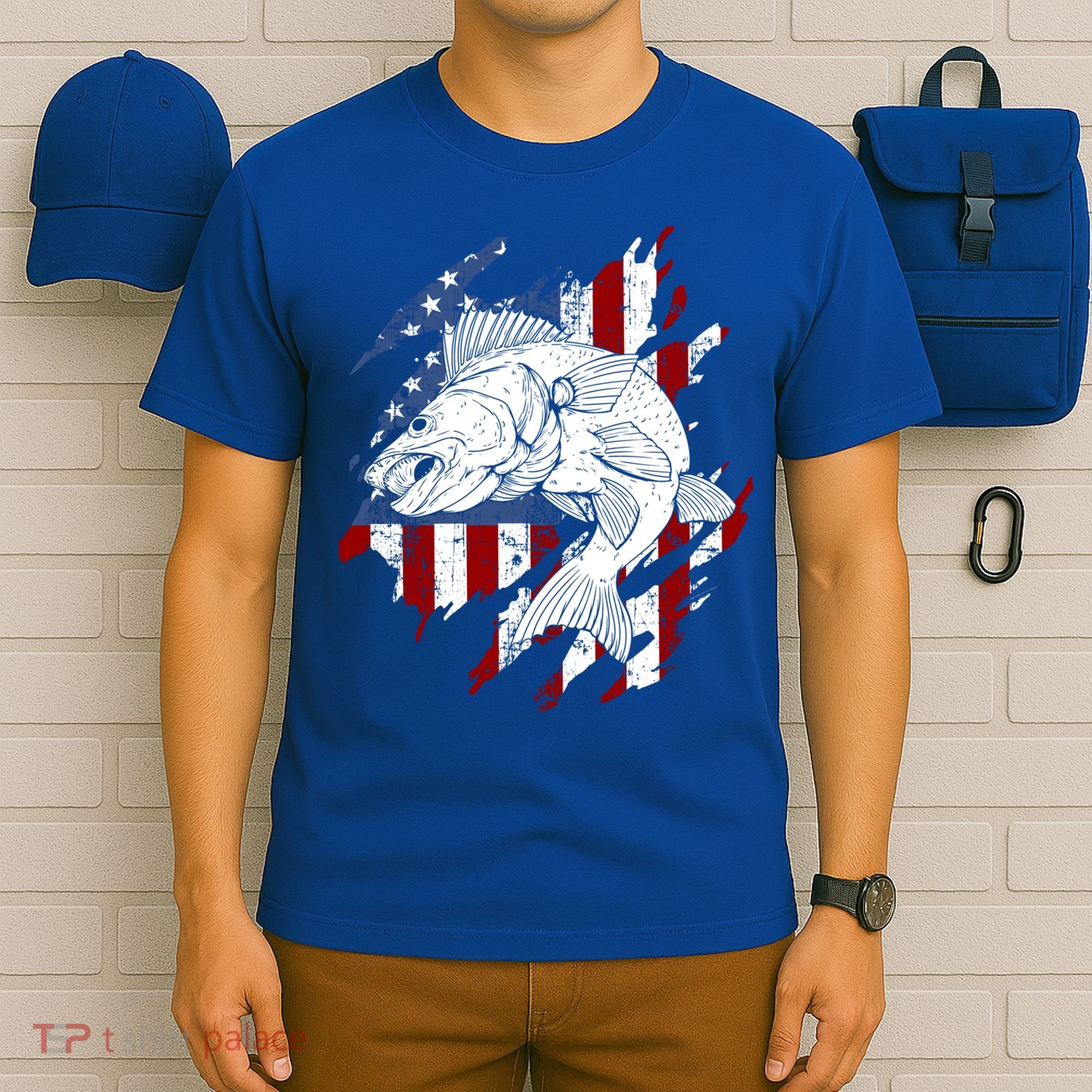 Walleye Fishing American Flag Usa Patriotic Fisherman Cool Gift T-Shirt