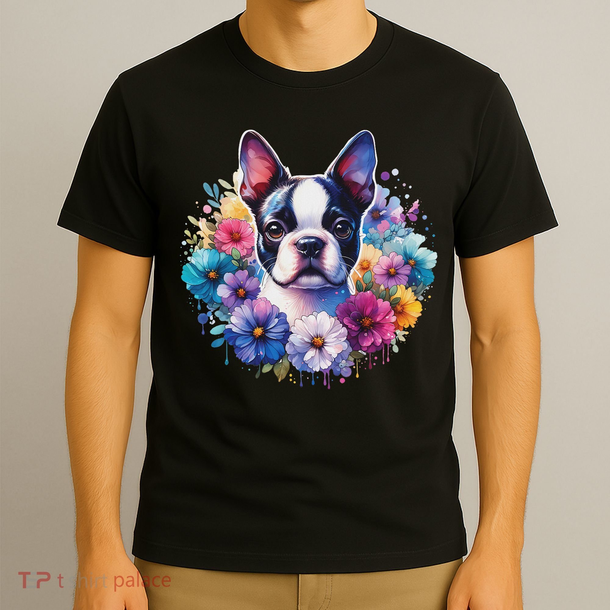 Watercolor Floral Boston Terrier Mama Dog Lover Mother's Day T-Shirt