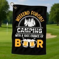 Weekend Forecast Camping With A 100% Chance Of Beer Funny Camping Golf Towel thumb 1