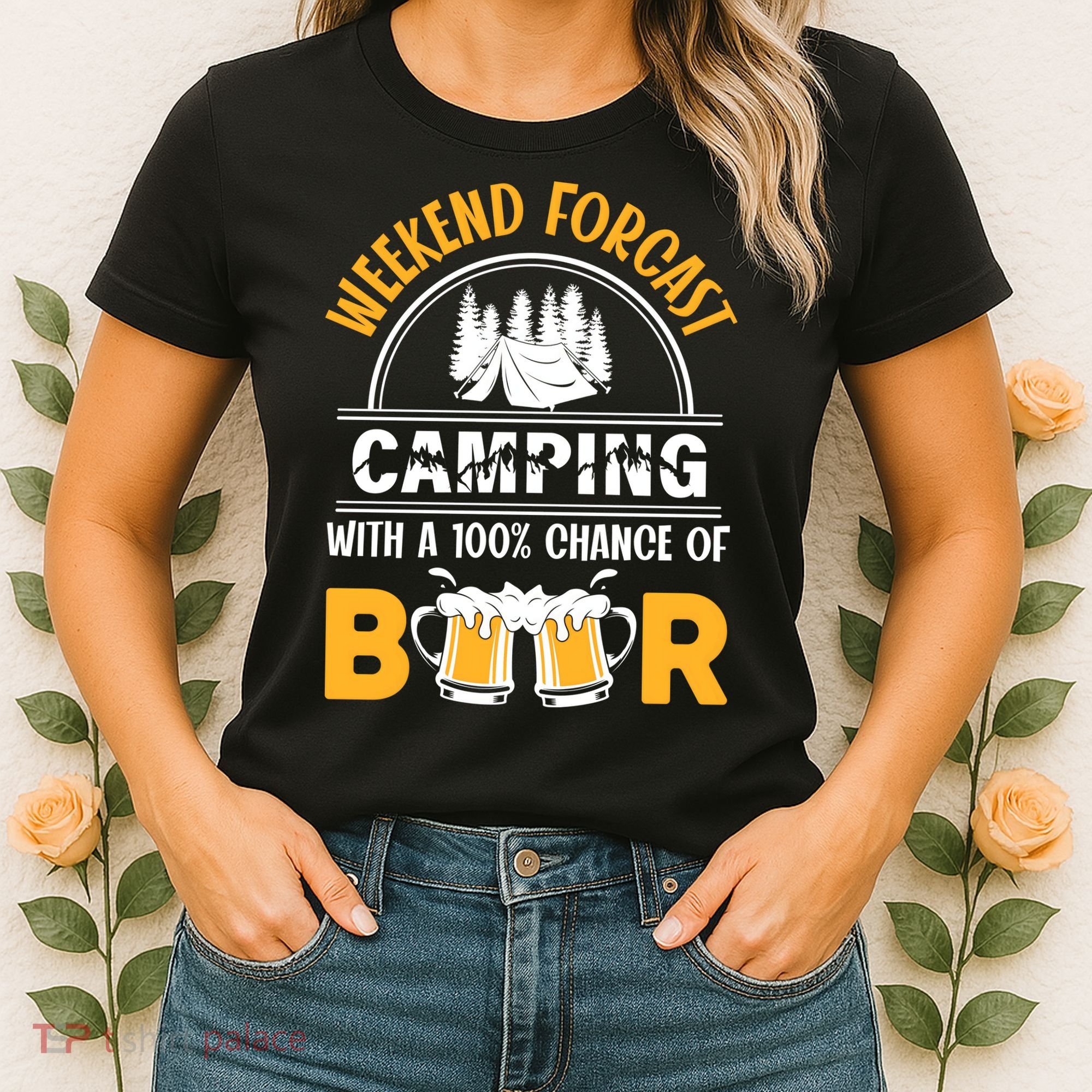 Weekend Forecast Camping With A 100% Chance Of Beer Funny Camping Women's T-Shirt