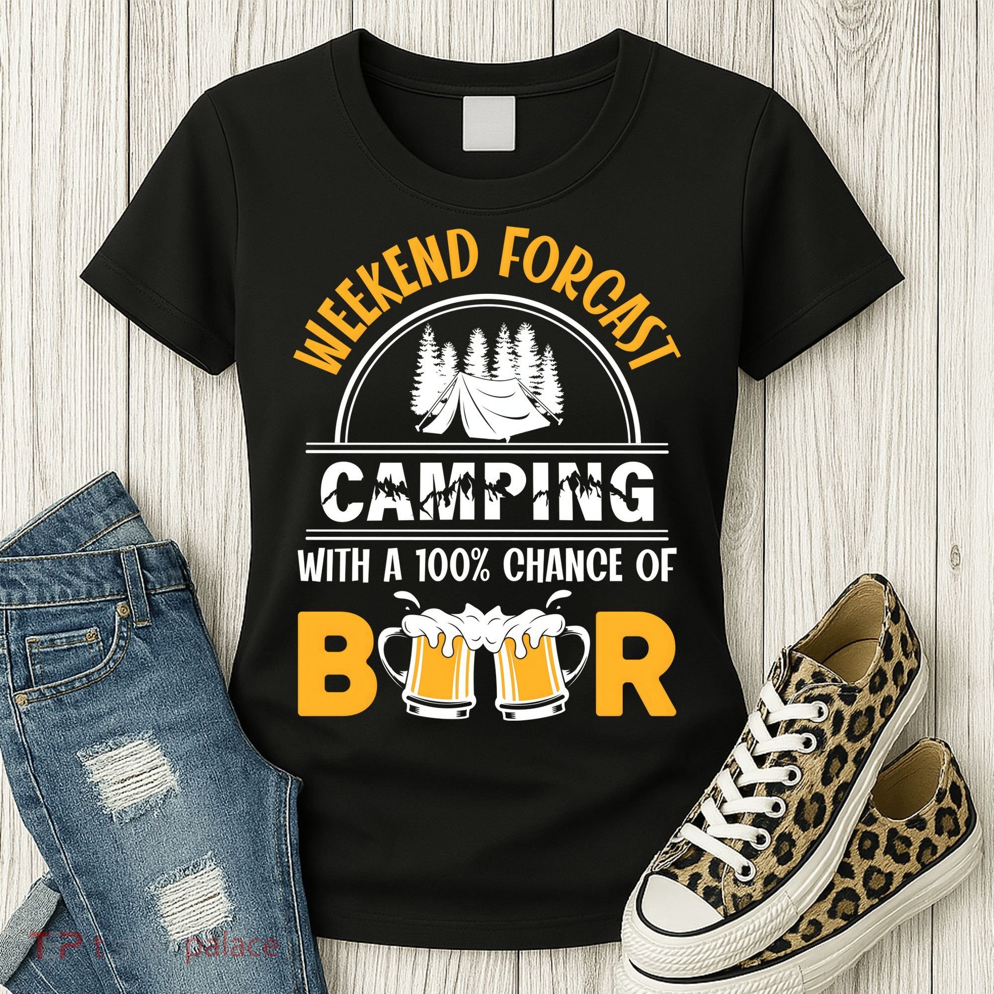 Weekend Forecast Camping With A 100% Chance Of Beer Funny Camping Women's T-Shirt