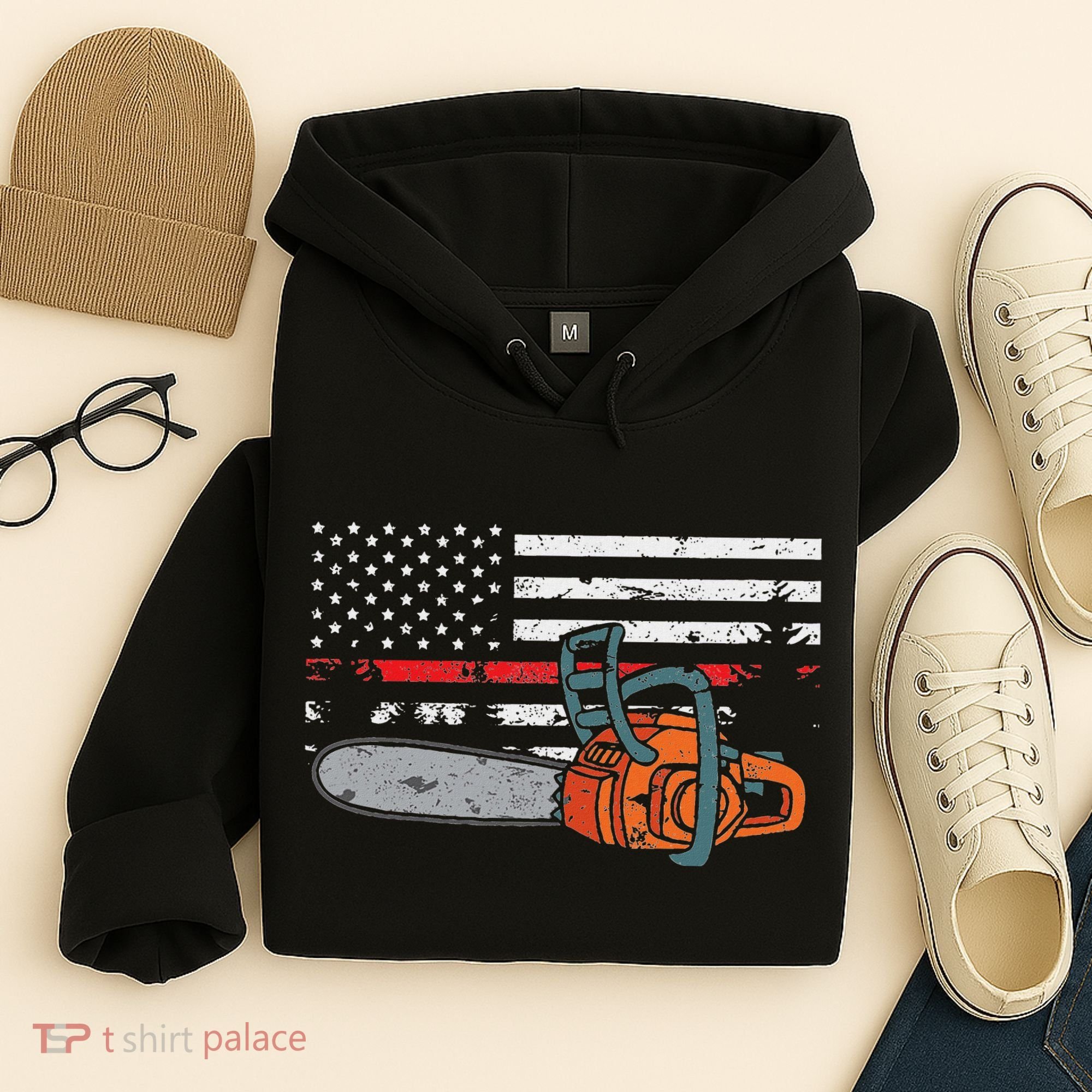 Wildland Firefighter Chainsaw Red Line American Flag Hoodie