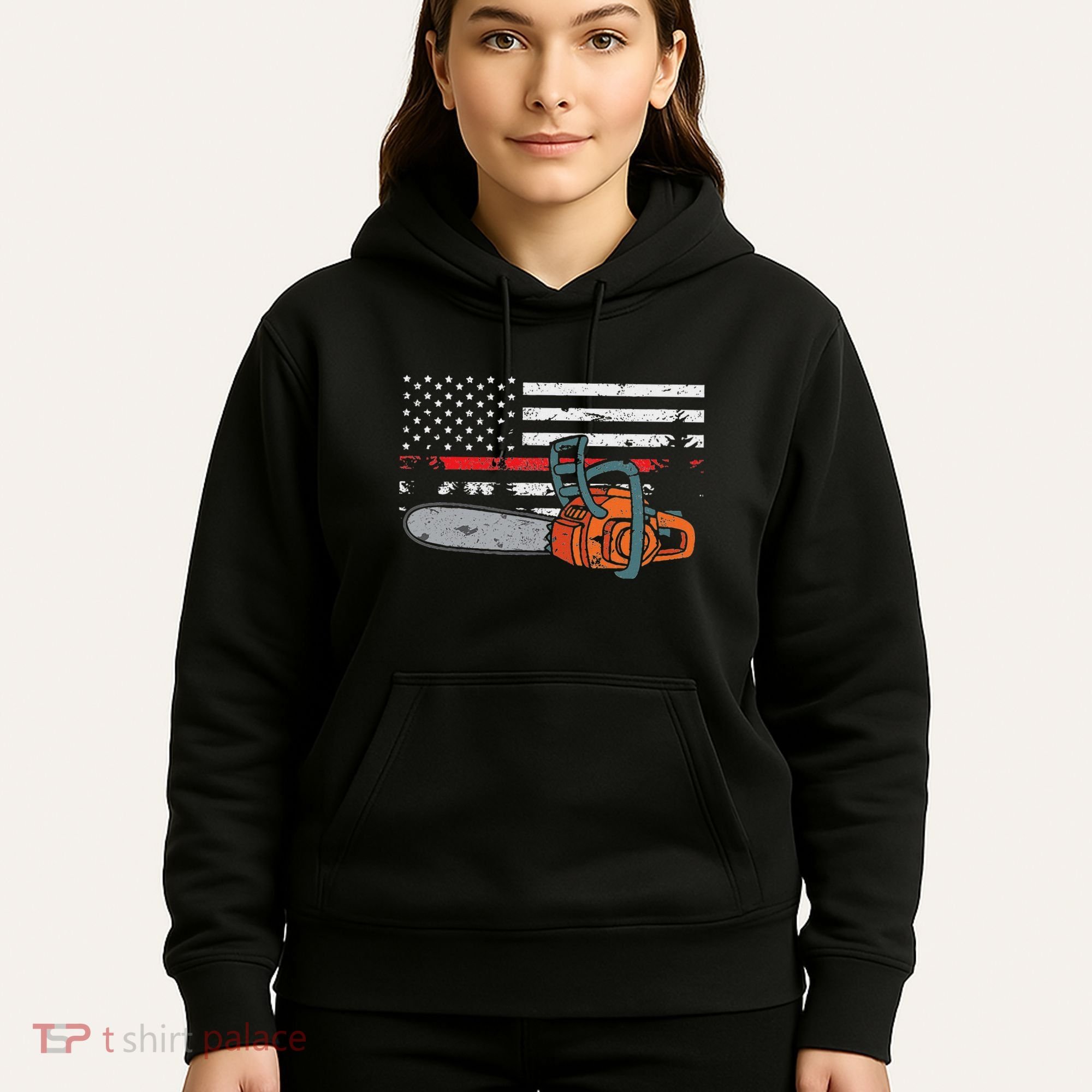 Wildland Firefighter Chainsaw Red Line American Flag Hoodie