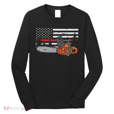 Wildland Firefighter Chainsaw Red Line American Flag Long Sleeve Shirt