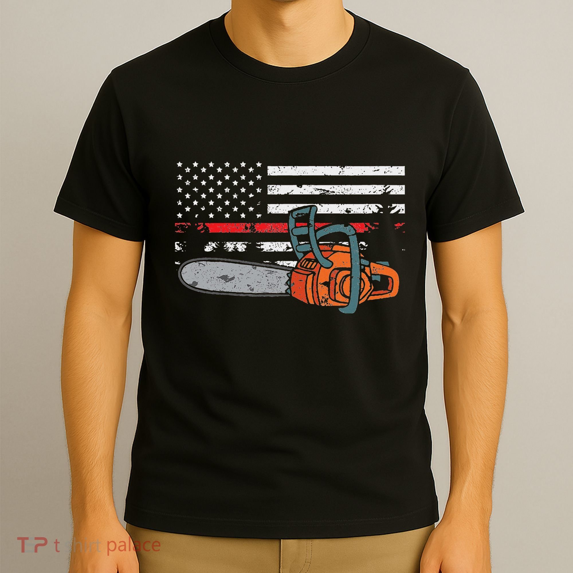 Wildland Firefighter Chainsaw Red Line American Flag T-Shirt