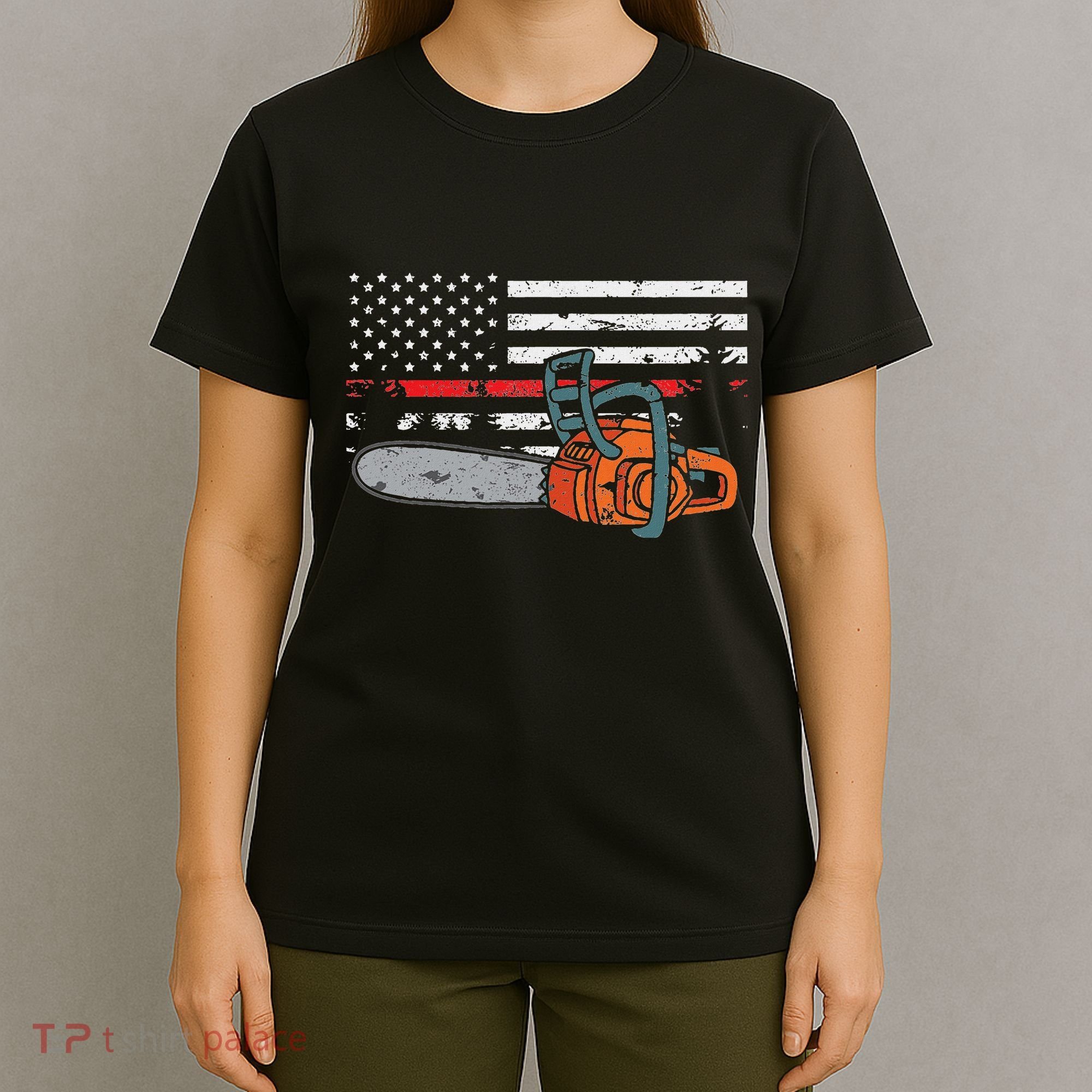 Wildland Firefighter Chainsaw Red Line American Flag T-Shirt