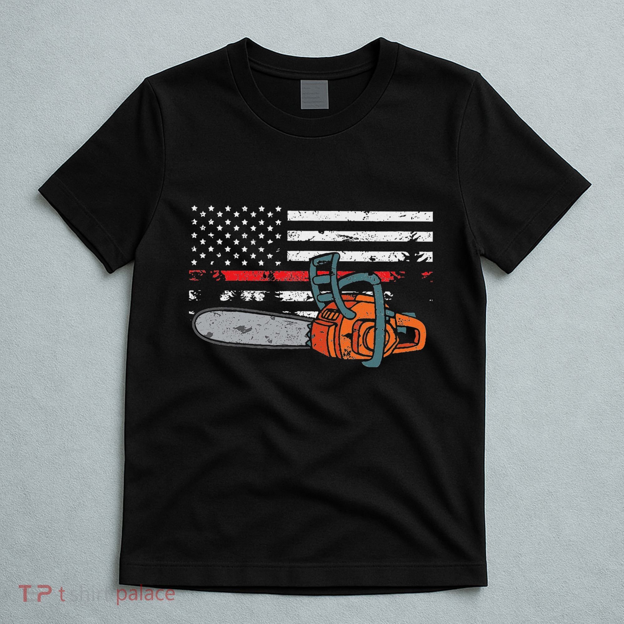 Wildland Firefighter Chainsaw Red Line American Flag T-Shirt