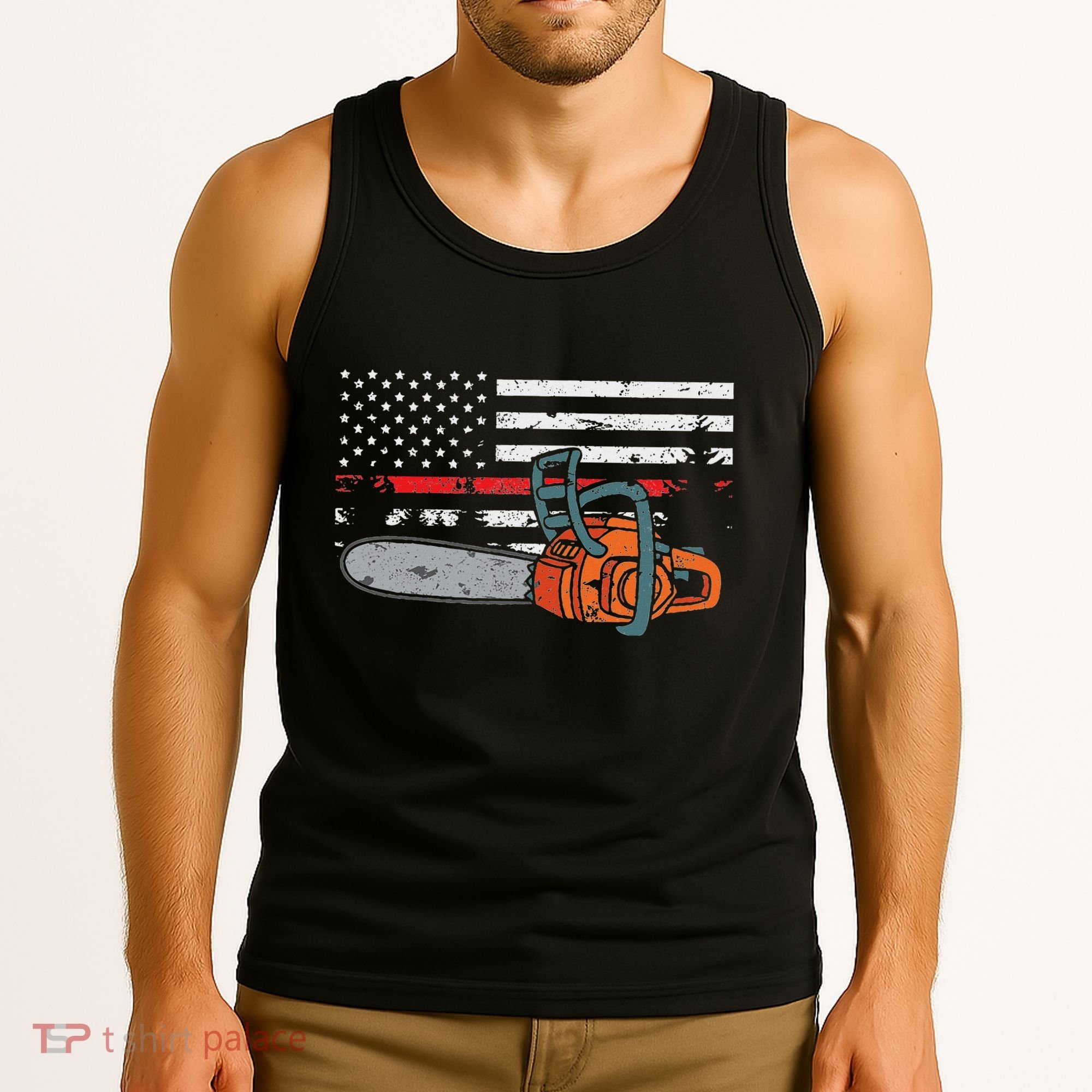 Wildland Firefighter Chainsaw Red Line American Flag Tank Top