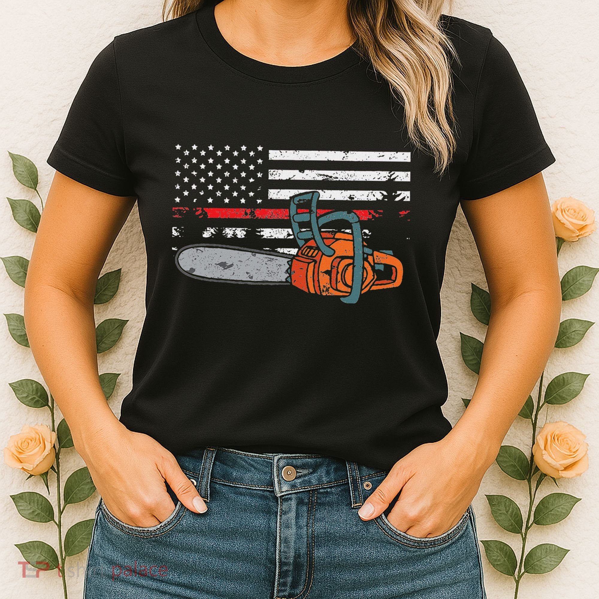 Wildland Firefighter Chainsaw Red Line American Flag Women's T-Shirt