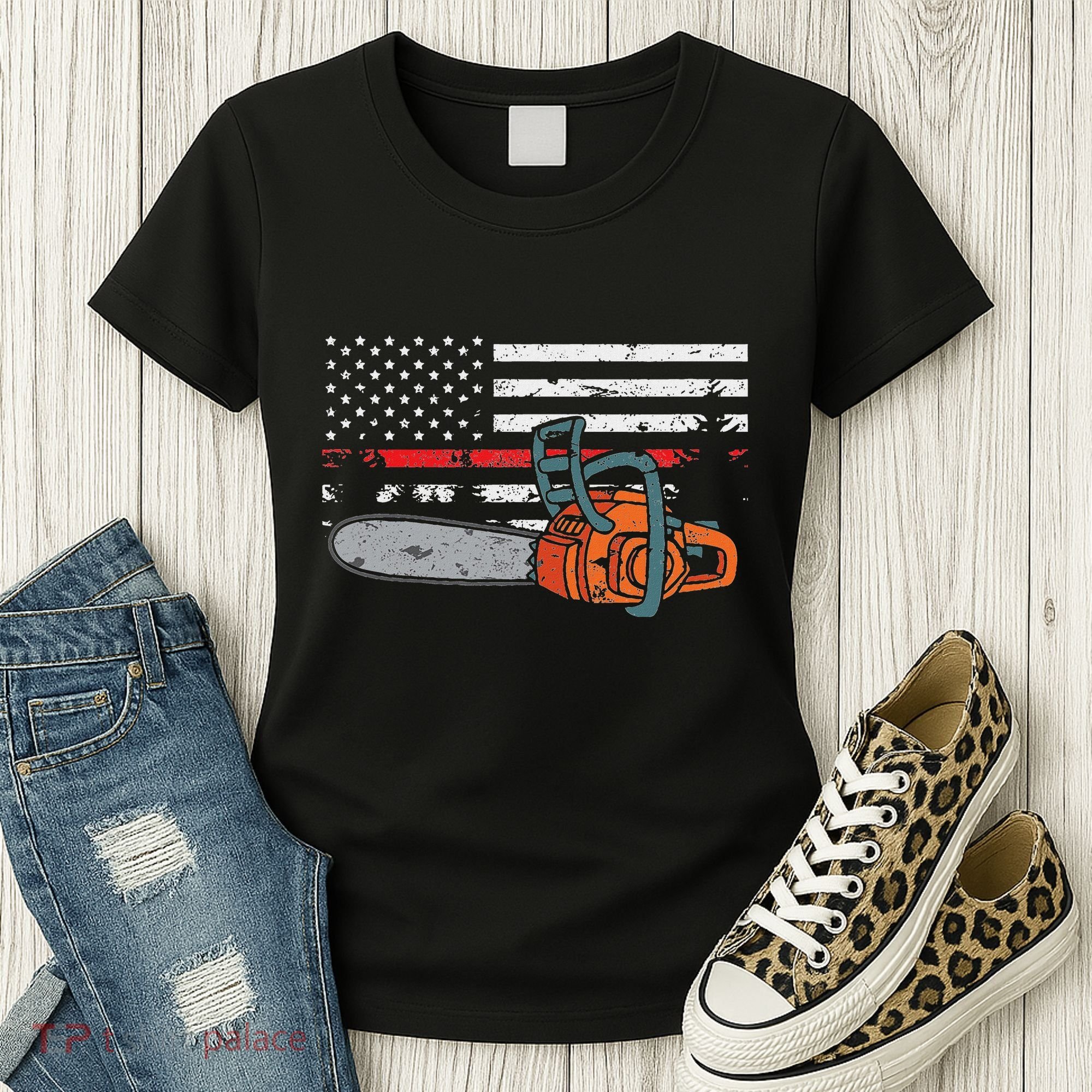 Wildland Firefighter Chainsaw Red Line American Flag Women's T-Shirt