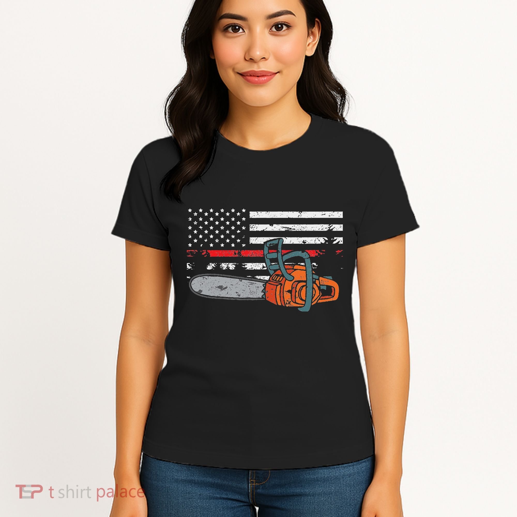 Wildland Firefighter Chainsaw Red Line American Flag Women's T-Shirt