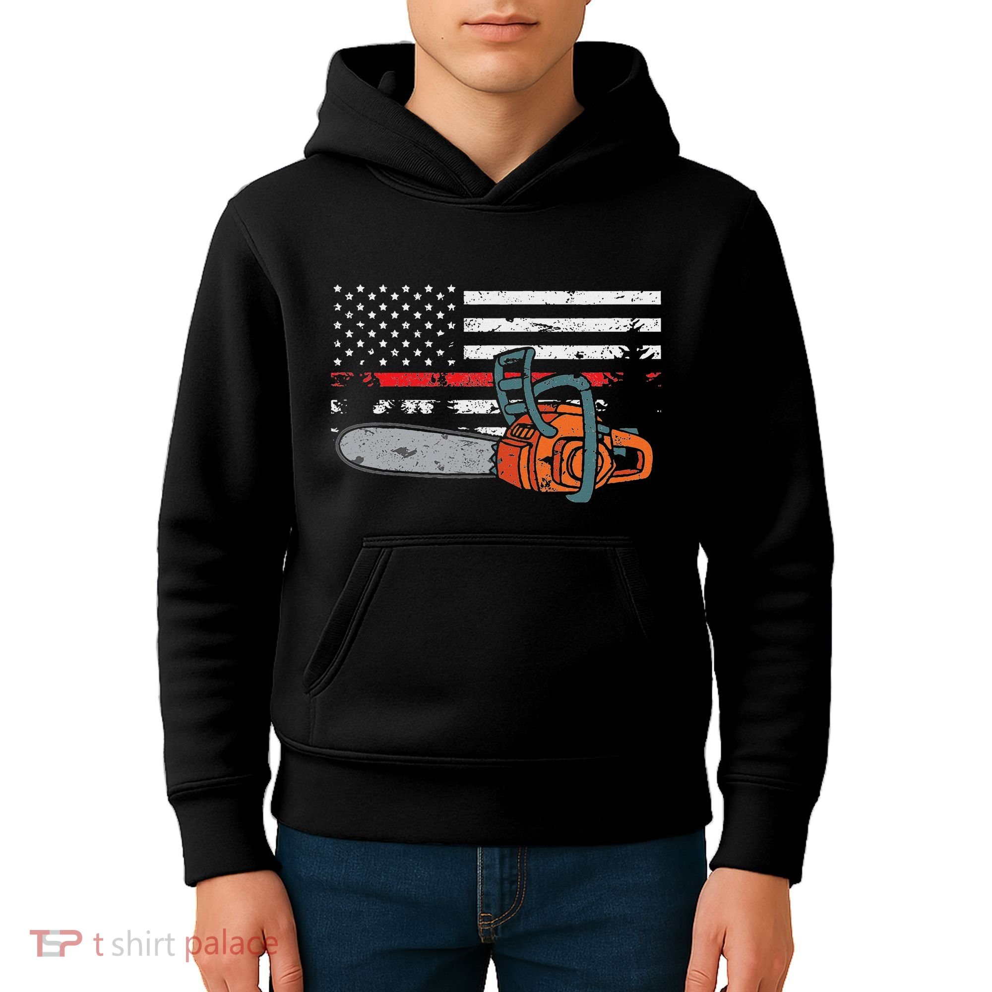 Wildland Firefighter Chainsaw Red Line American Flag Kids Hoodie