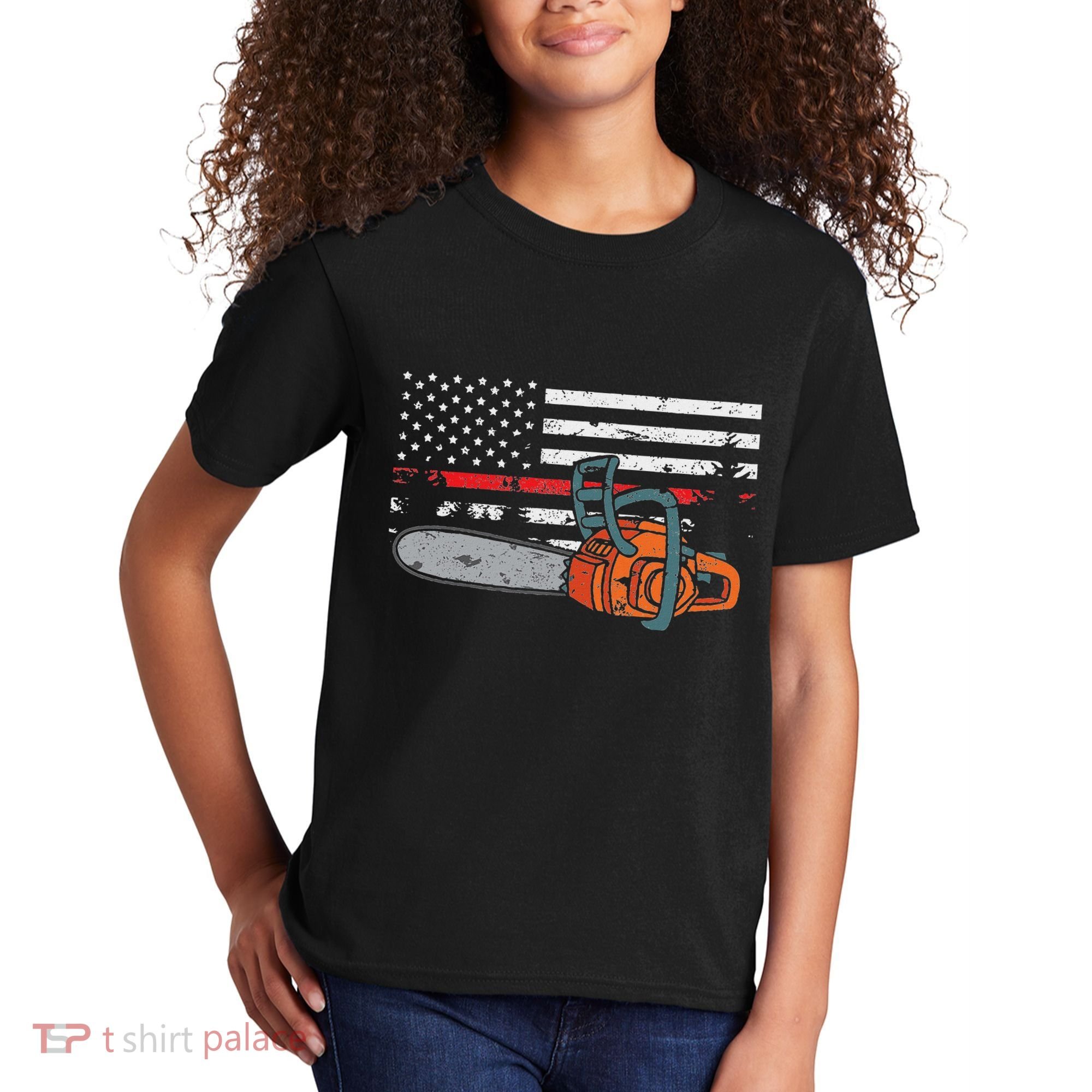 Wildland Firefighter Chainsaw Red Line American Flag Kids T-Shirt