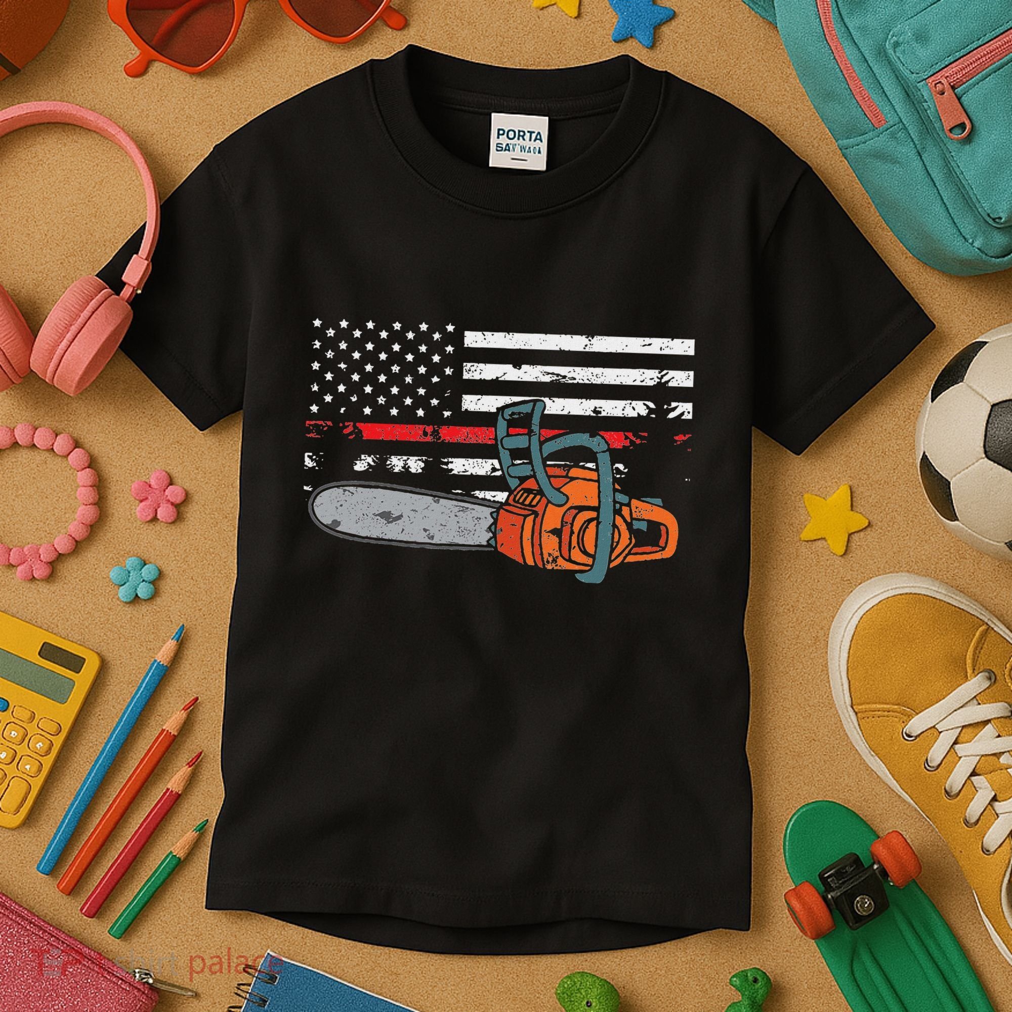 Wildland Firefighter Chainsaw Red Line American Flag Kids T-Shirt
