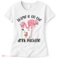 Womens Flamingo Cruise Blame It On The Drink Package Drinking Booze VNeck Women's T-Shirt thumb 0