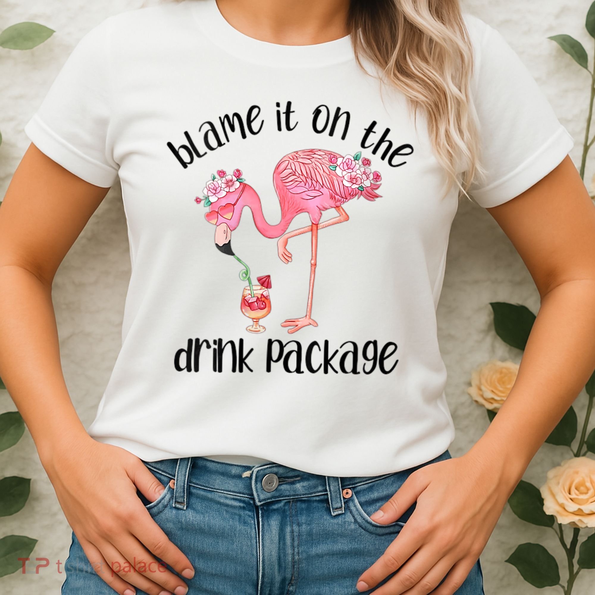 Womens Flamingo Cruise Blame It On The Drink Package Drinking Booze VNeck Women's T-Shirt