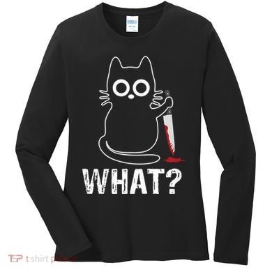 What? Funny Cat With Knife Graphic Design Women's Long Sleeve Shirt