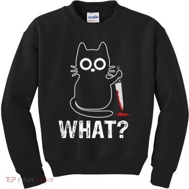 What? Funny Cat With Knife Graphic Design Kids Sweatshirt