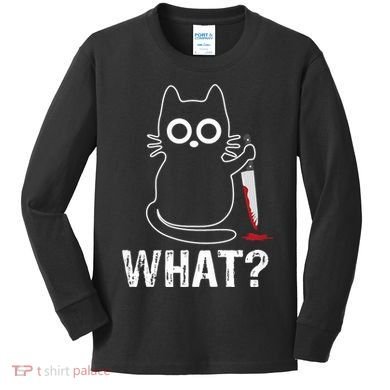 What? Funny Cat With Knife Graphic Design Kids Long Sleeve Shirt