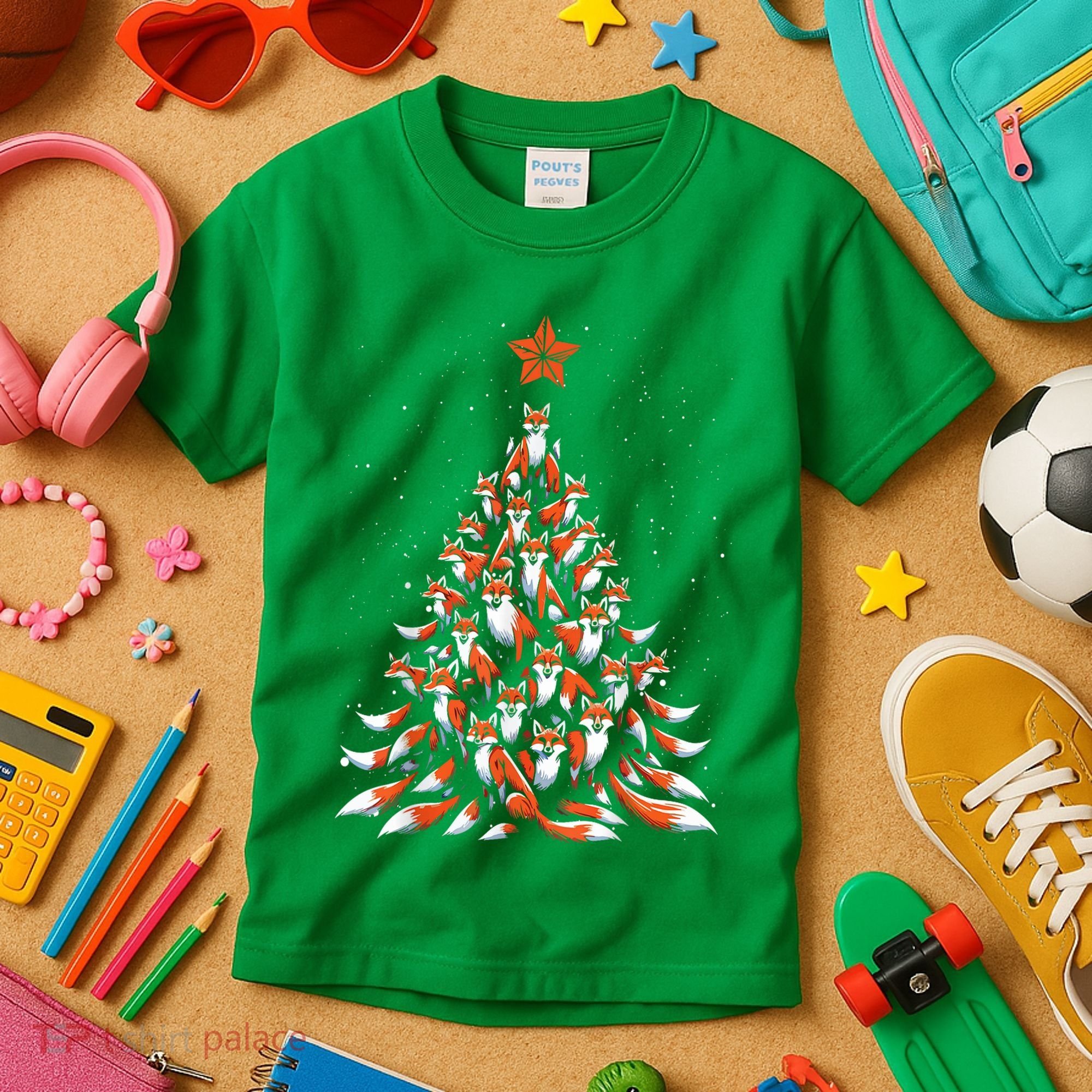 Women Fox Christmas Tree Fox Xmas Tree Gift Kids T-Shirt