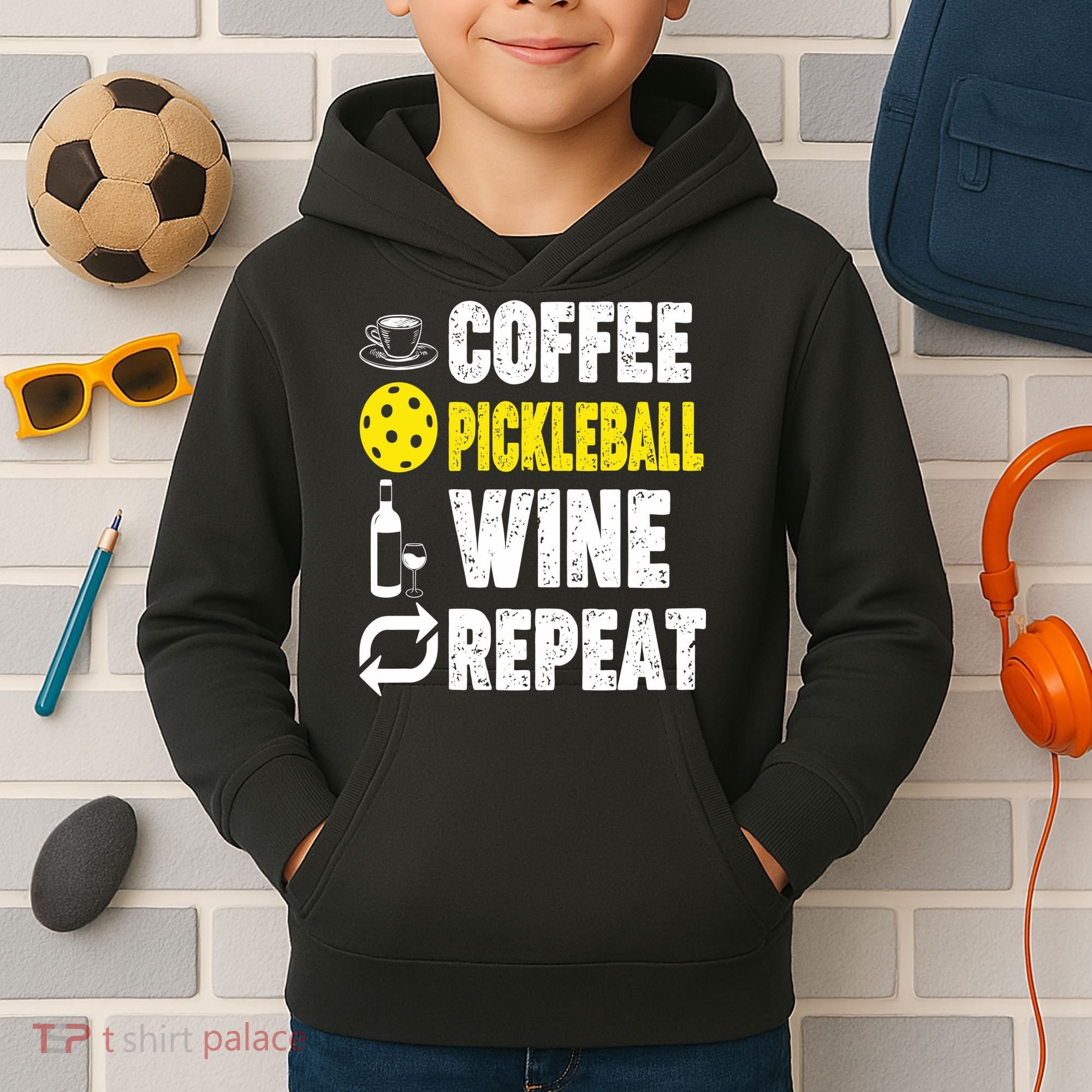  Funny Coffee Pickleball Wine Repeat Gift Kids Hoodie