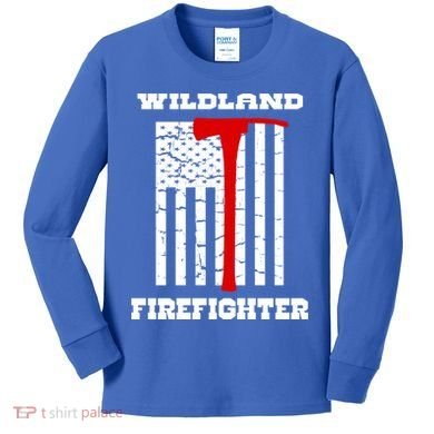 Wildland Firefighter Flag With Pulaski Hooded Gift Kids Long Sleeve Shirt