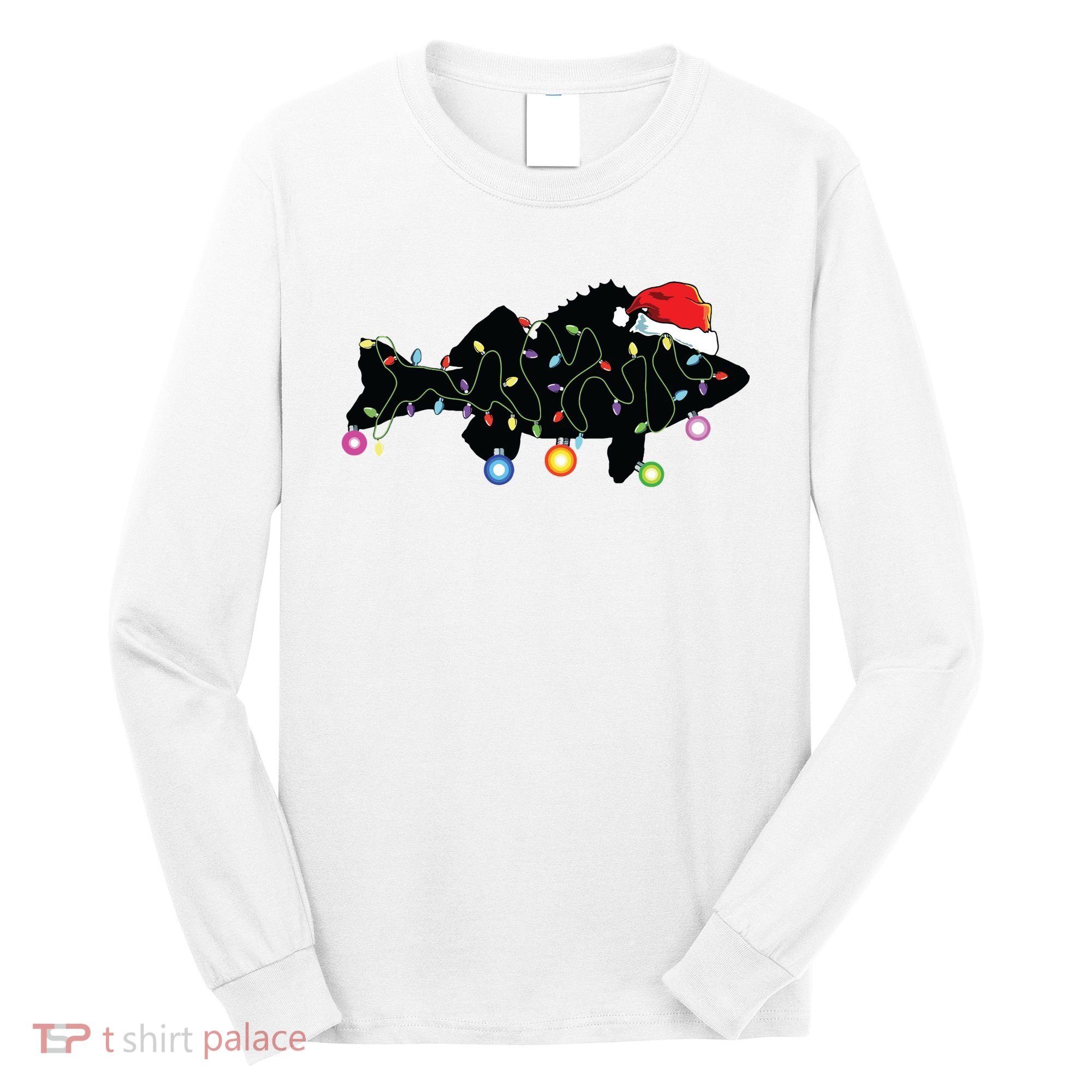Walleye Fishing Funny Christmas Lights Fish Santa Hat Gift Long Sleeve Shirt