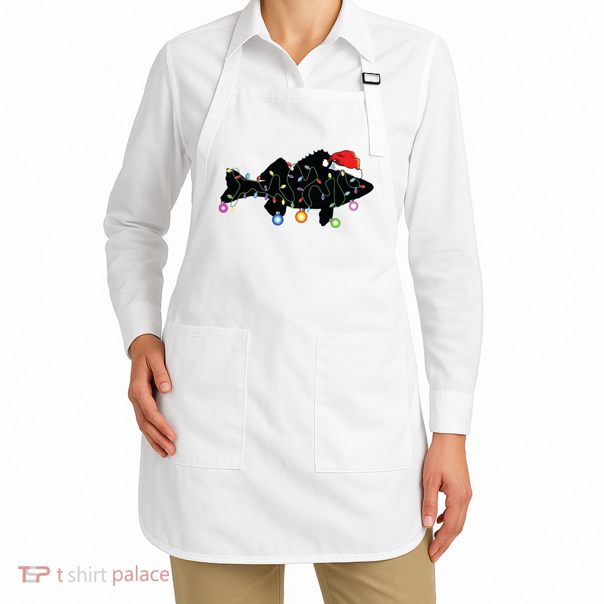 Walleye Fishing Funny Christmas Lights Fish Santa Hat Gift Apron