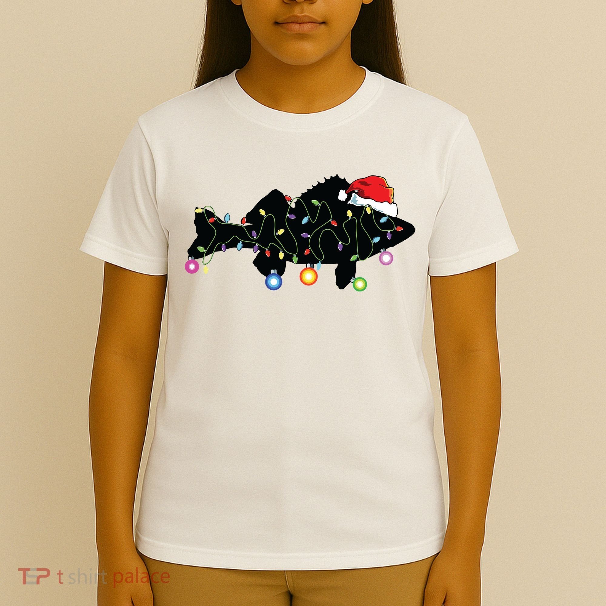 Walleye Fishing Funny Christmas Lights Fish Santa Hat Gift T-Shirt