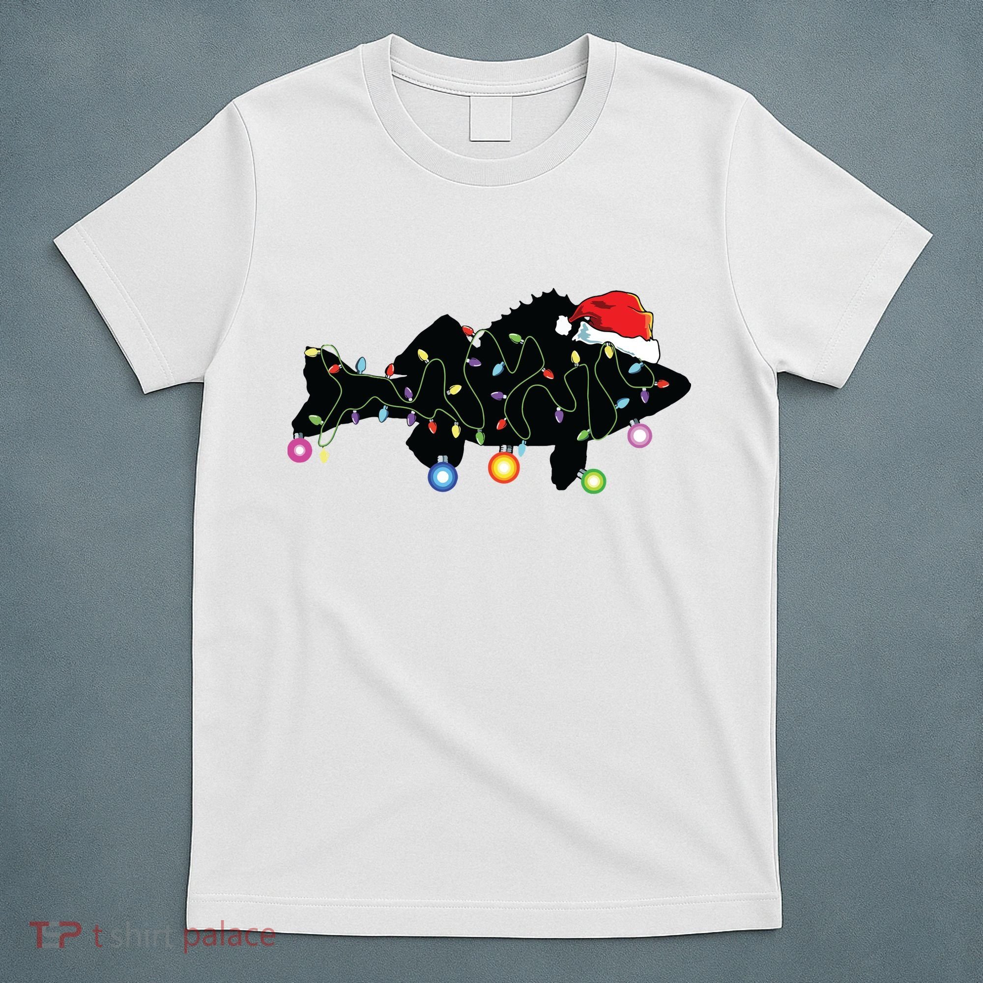 Walleye Fishing Funny Christmas Lights Fish Santa Hat Gift T-Shirt