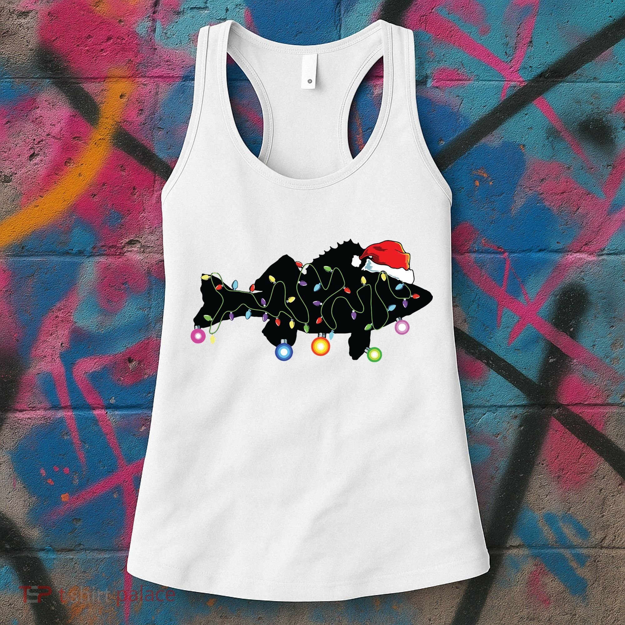 Walleye Fishing Funny Christmas Lights Fish Santa Hat Gift Women's Tank Top
