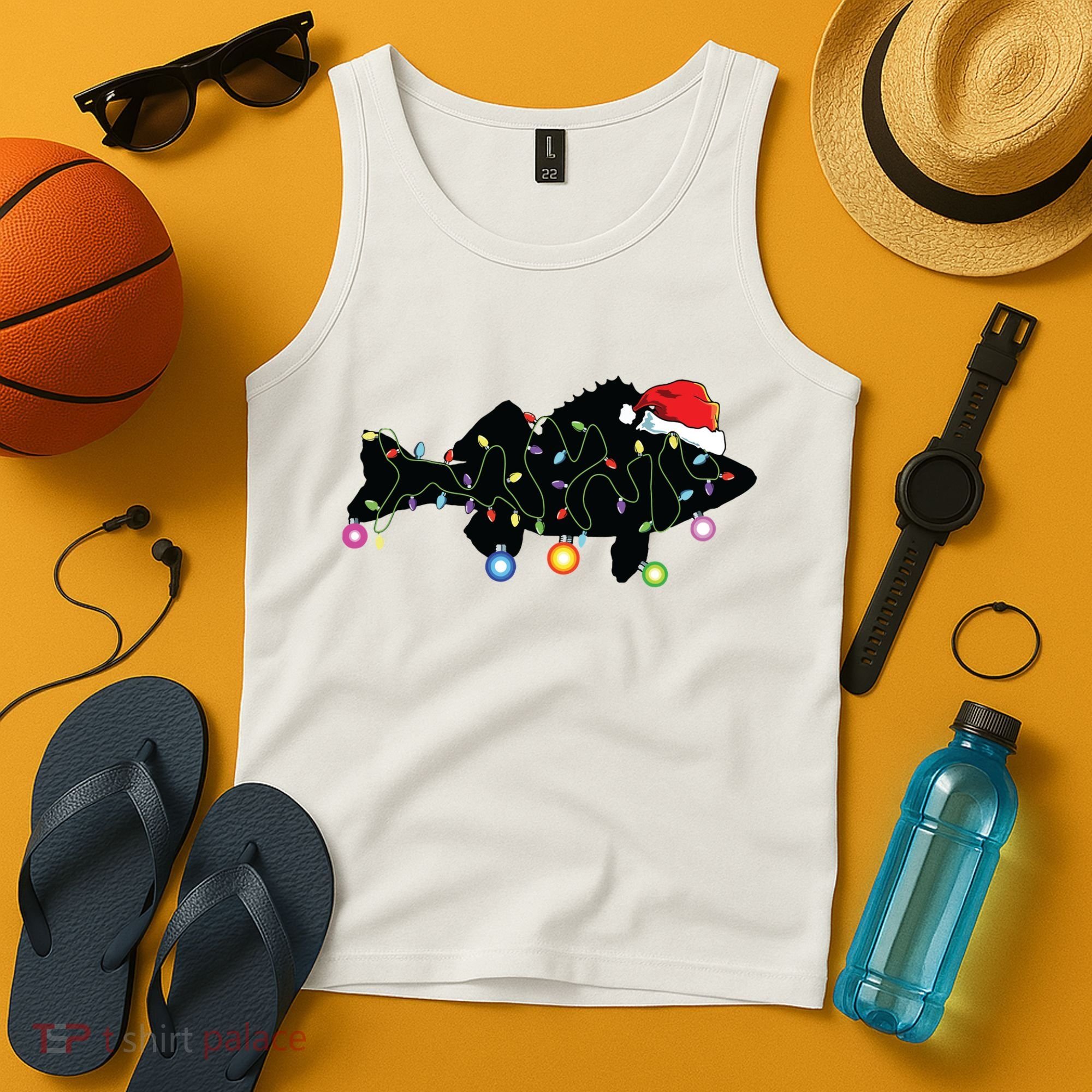 Walleye Fishing Funny Christmas Lights Fish Santa Hat Gift Tank Top