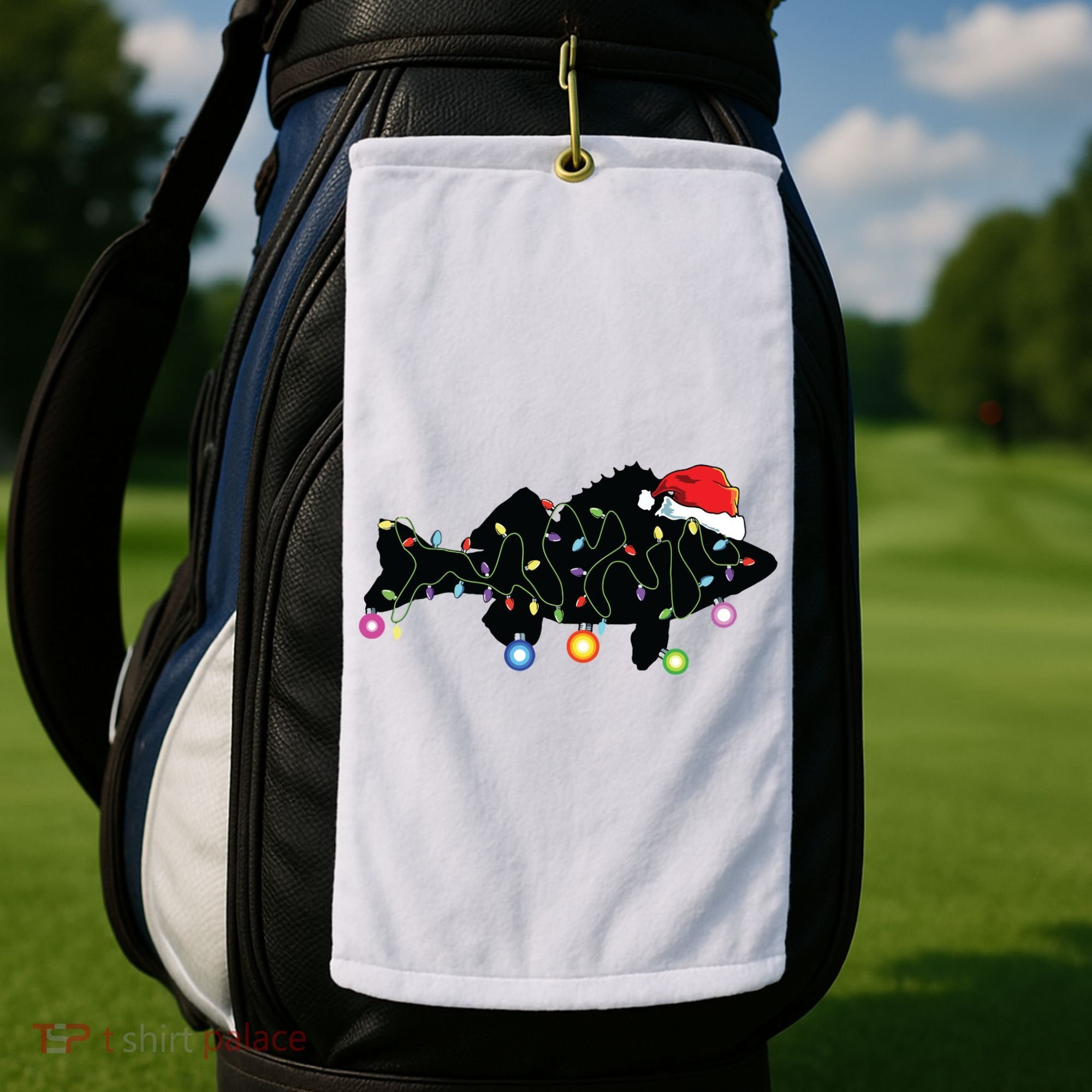 Walleye Fishing Funny Christmas Lights Fish Santa Hat Gift Golf Towel
