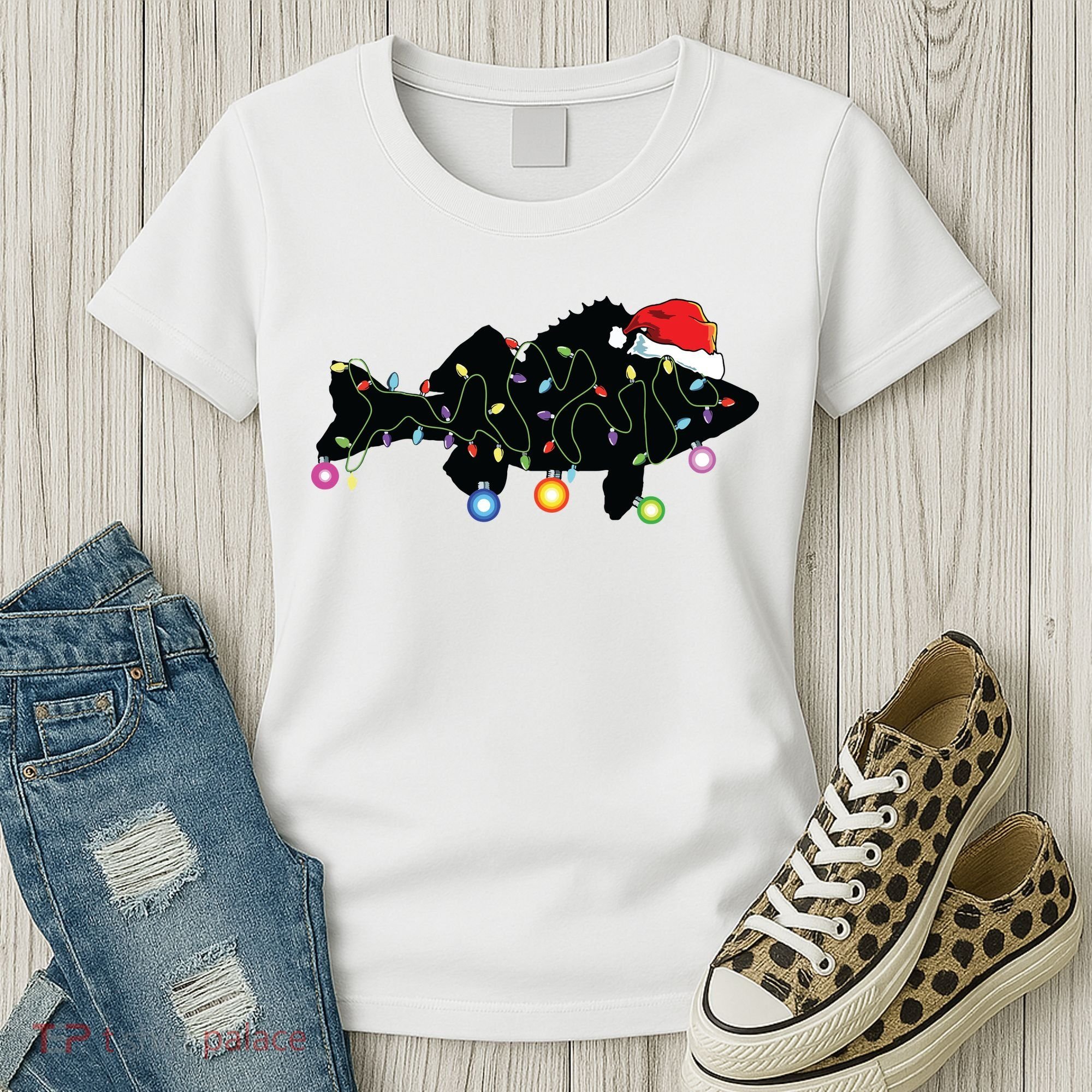 Walleye Fishing Funny Christmas Lights Fish Santa Hat Gift Women's T-Shirt