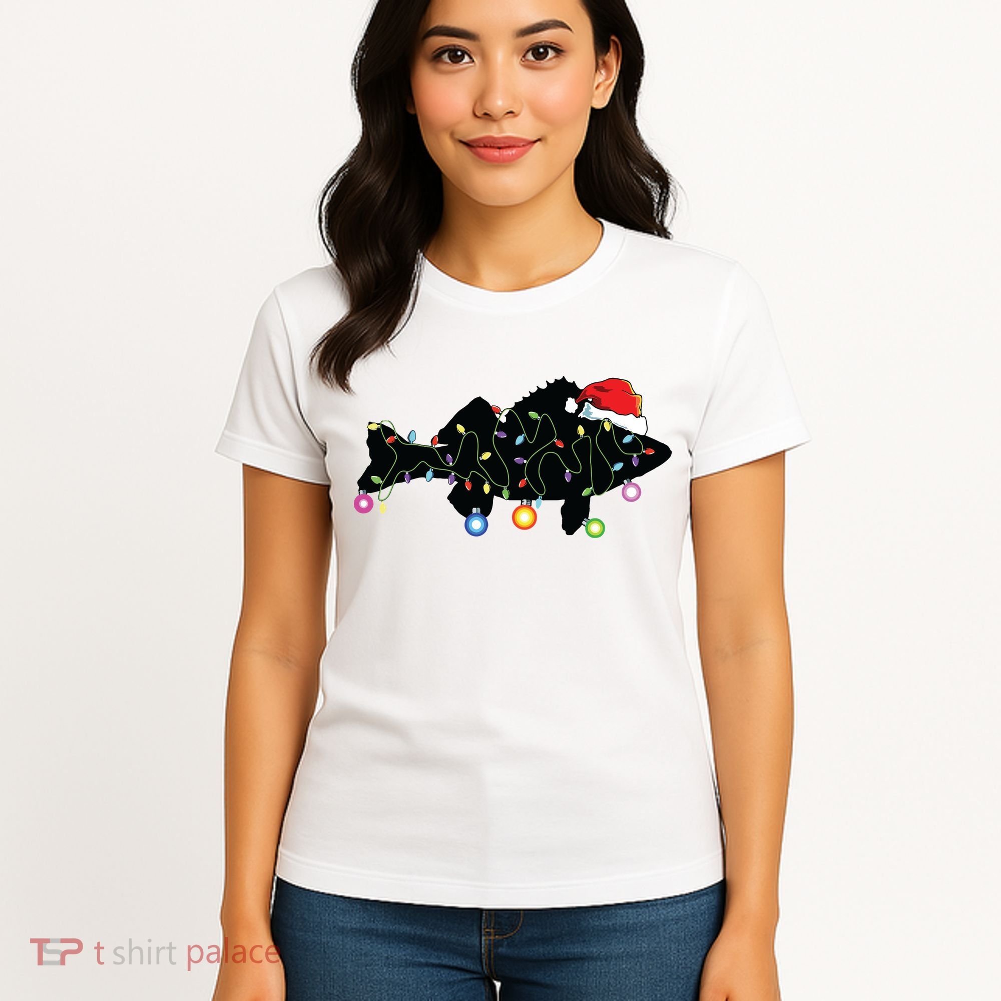 Walleye Fishing Funny Christmas Lights Fish Santa Hat Gift Women's T-Shirt