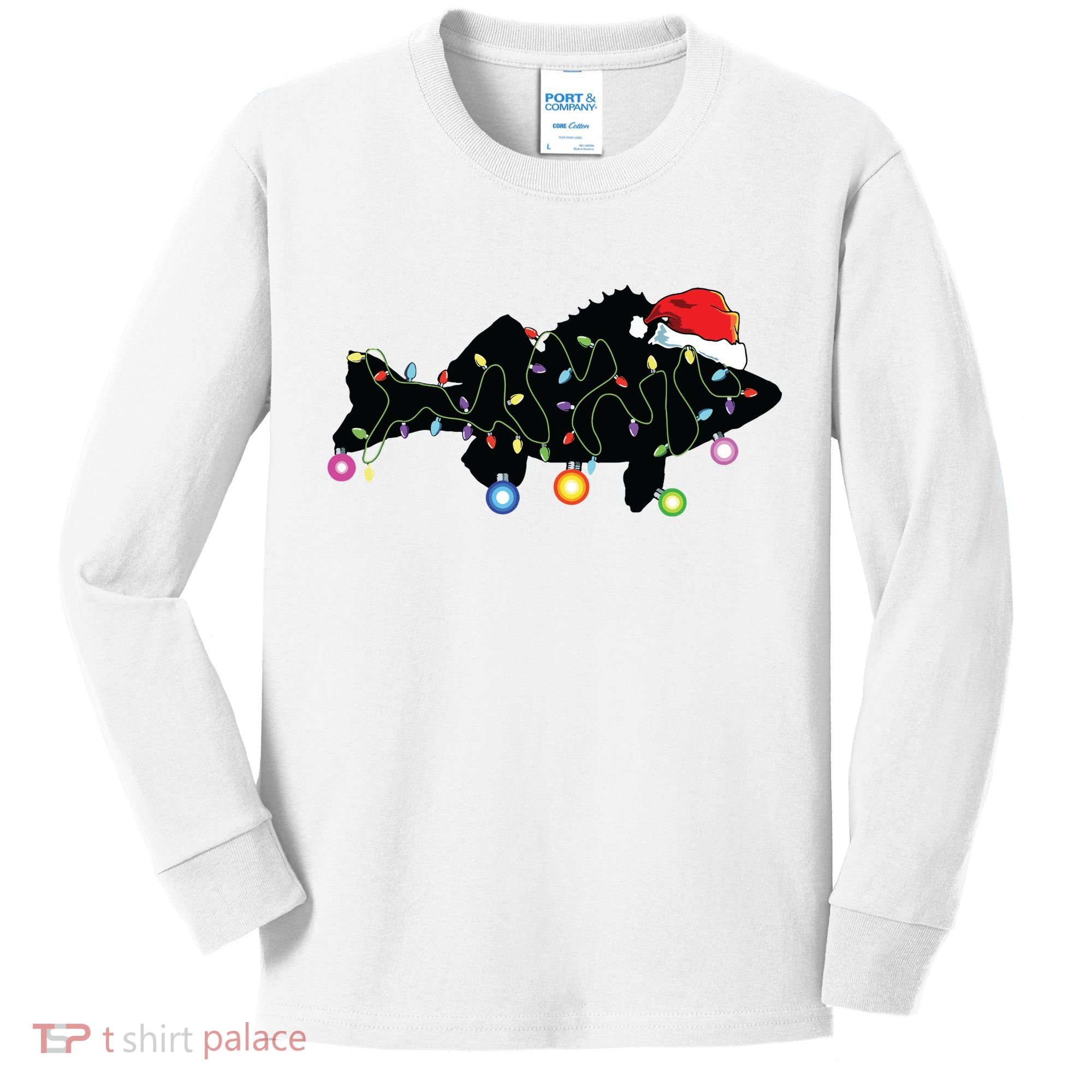Walleye Fishing Funny Christmas Lights Fish Santa Hat Gift Kids Long Sleeve Shirt