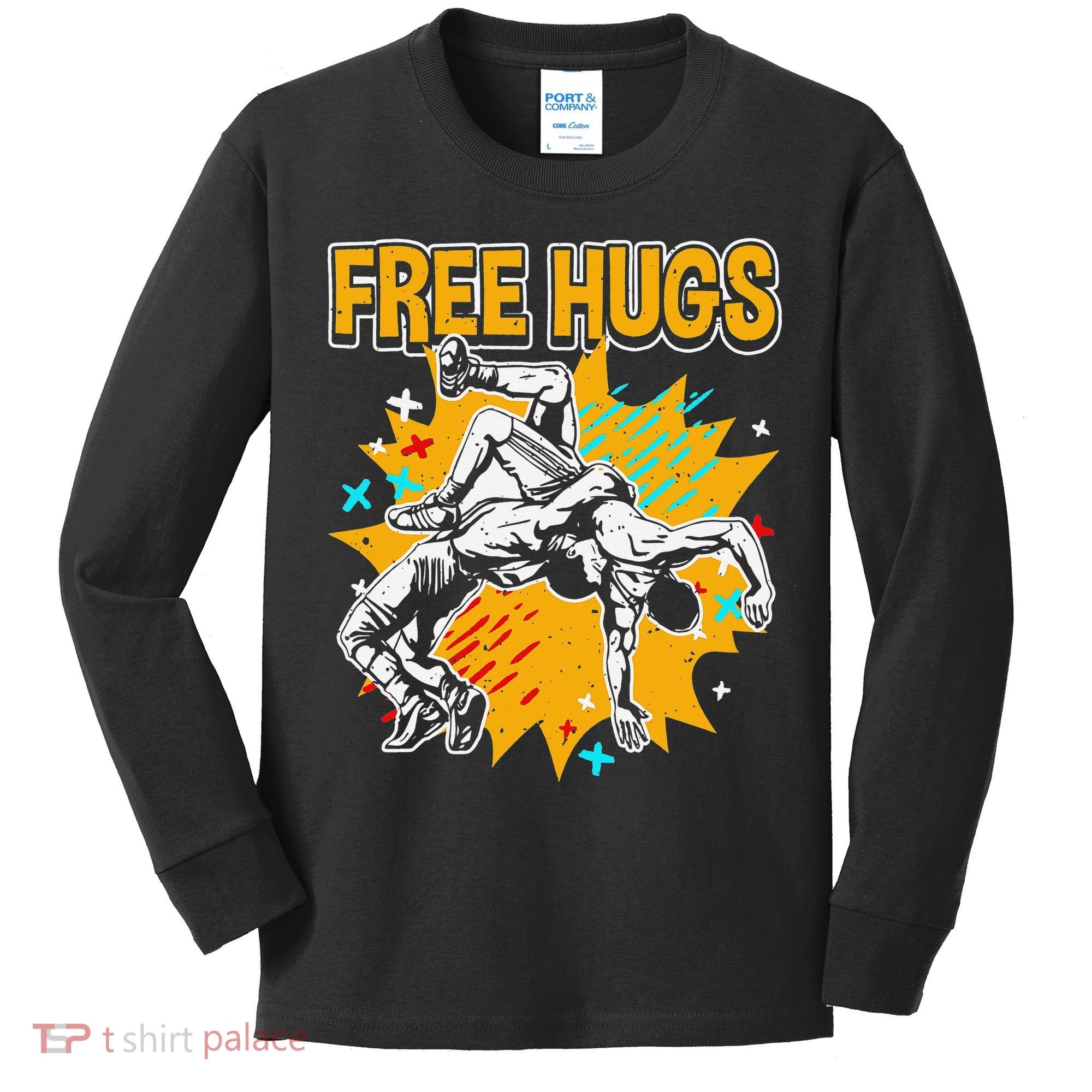 Wrestling Funny Free Hugs Wrestling Coach  Kids Long Sleeve Shirt