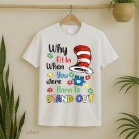 Why Fit In When You Were Born To Stand Out Autism Awareness Cat In Hat Puzzle T-Shirt thumb 2