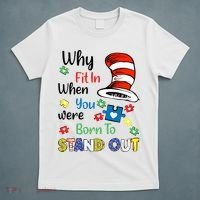 Why Fit In When You Were Born To Stand Out Autism Awareness Cat In Hat Puzzle T-Shirt thumb 5