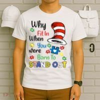Why Fit In When You Were Born To Stand Out Autism Awareness Cat In Hat Puzzle T-Shirt thumb 6