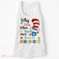 Why Fit In When You Were Born To Stand Out Autism Awareness Cat In Hat Puzzle Women's Tank Top thumb 0