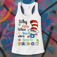 Why Fit In When You Were Born To Stand Out Autism Awareness Cat In Hat Puzzle Women's Tank Top thumb 3