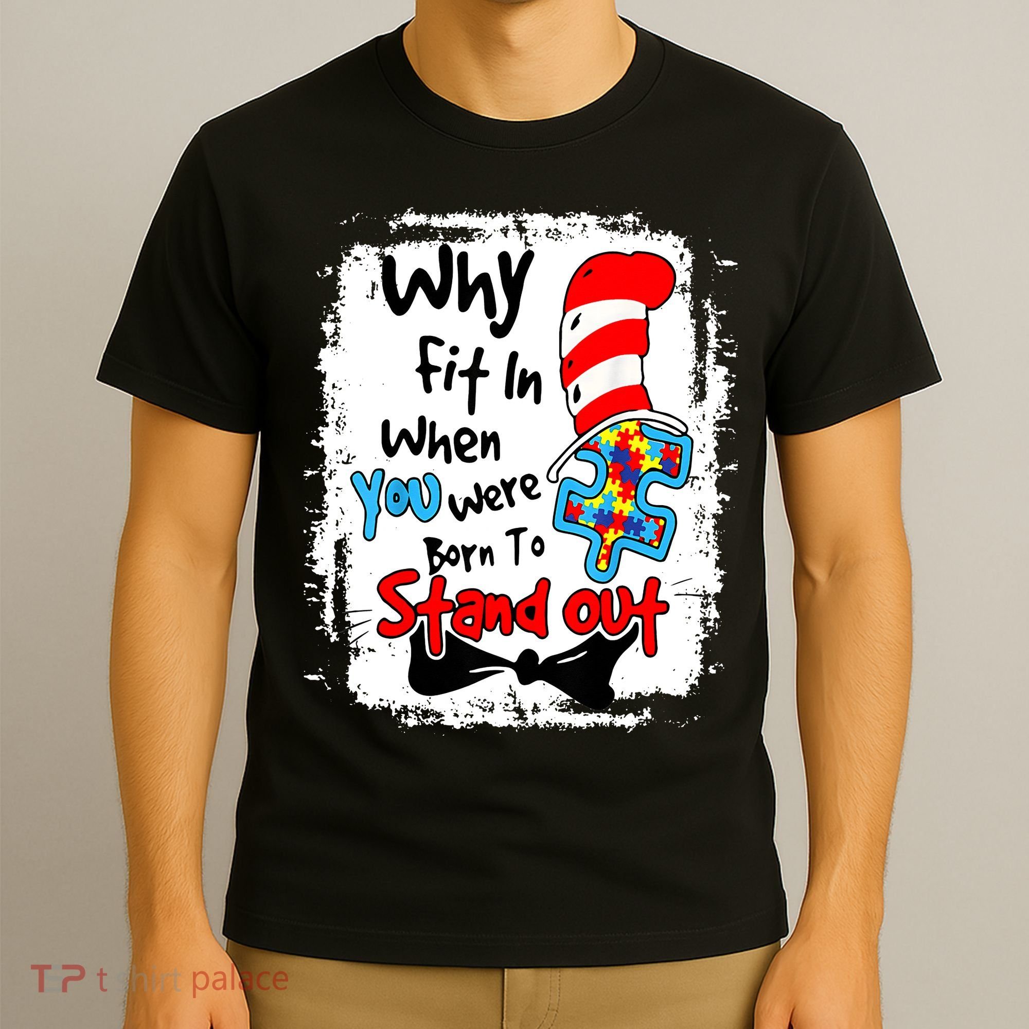 Why Fit In Autism Awareness Doctor Teacher Hat Cat Book T-Shirt