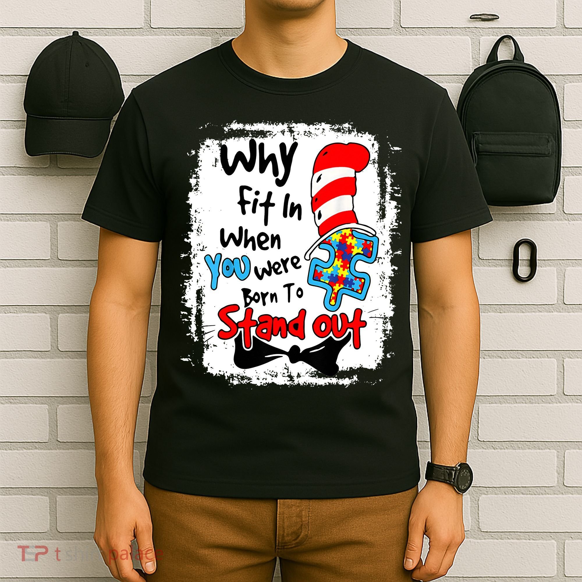 Why Fit In Autism Awareness Doctor Teacher Hat Cat Book T-Shirt