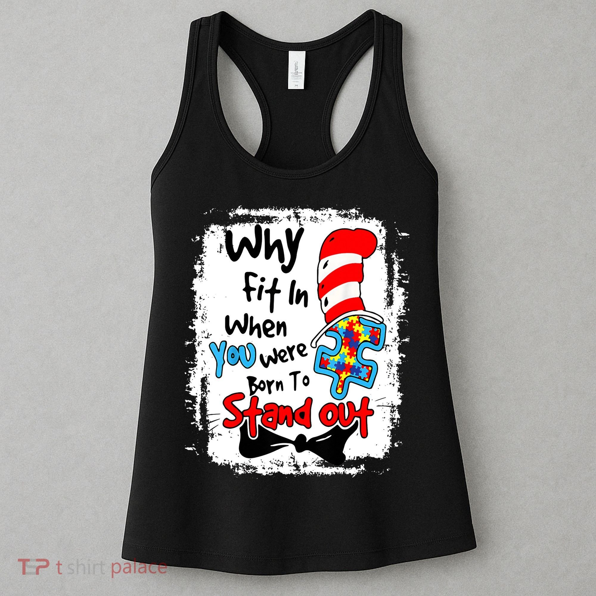 Why Fit In Autism Awareness Doctor Teacher Hat Cat Book Women's Tank Top