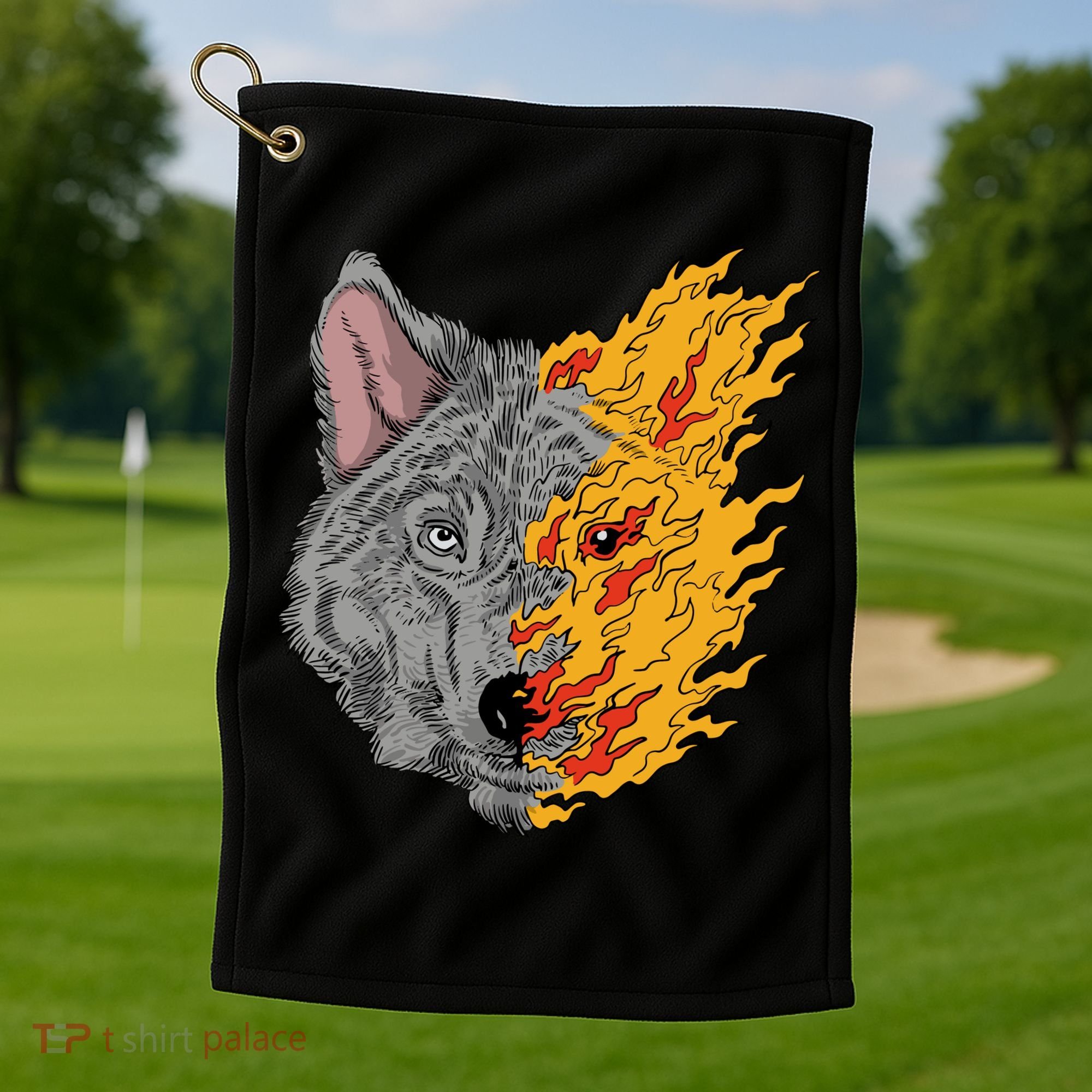 Wolf Face On Fire Golf Towel