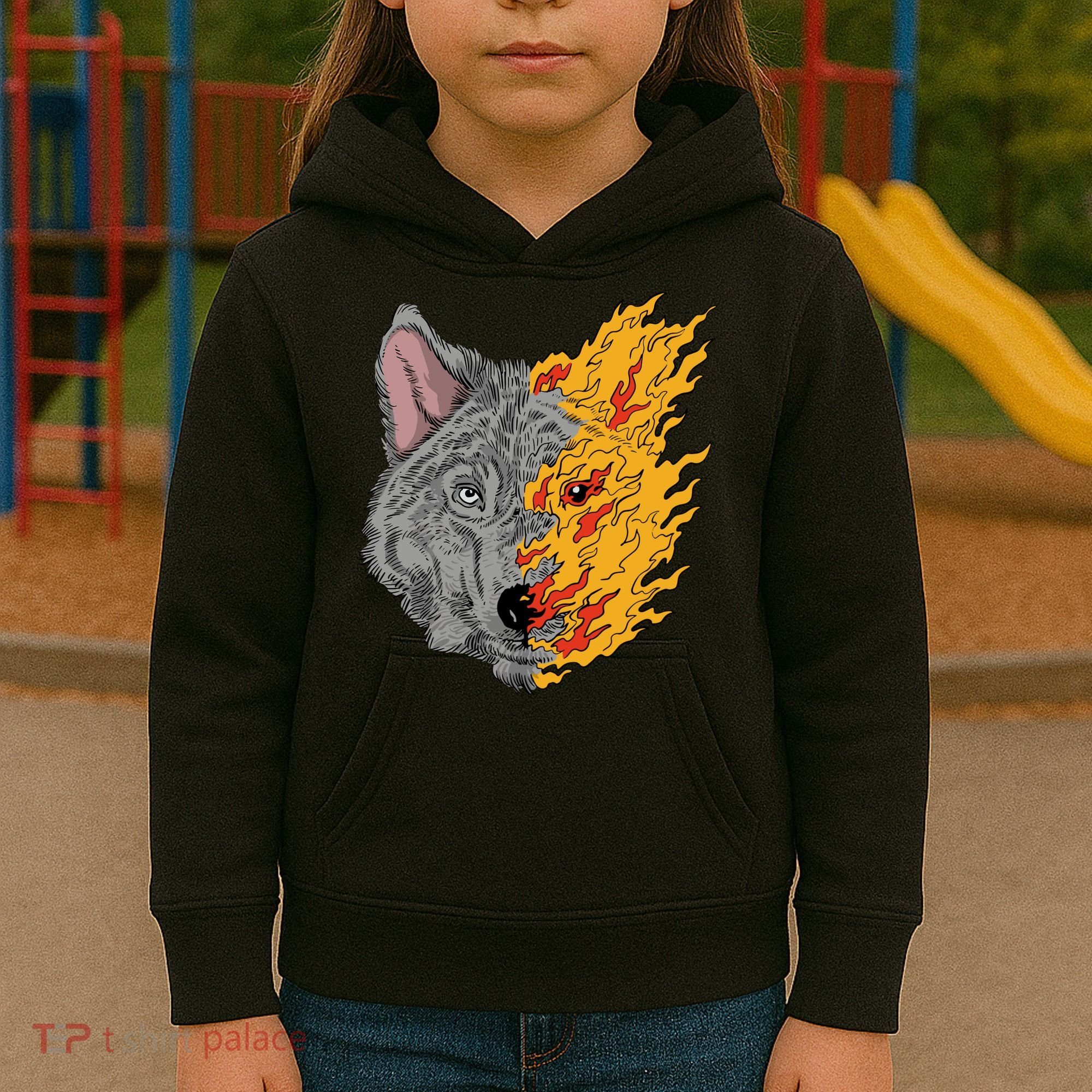 Wolf Face On Fire Kids Hoodie