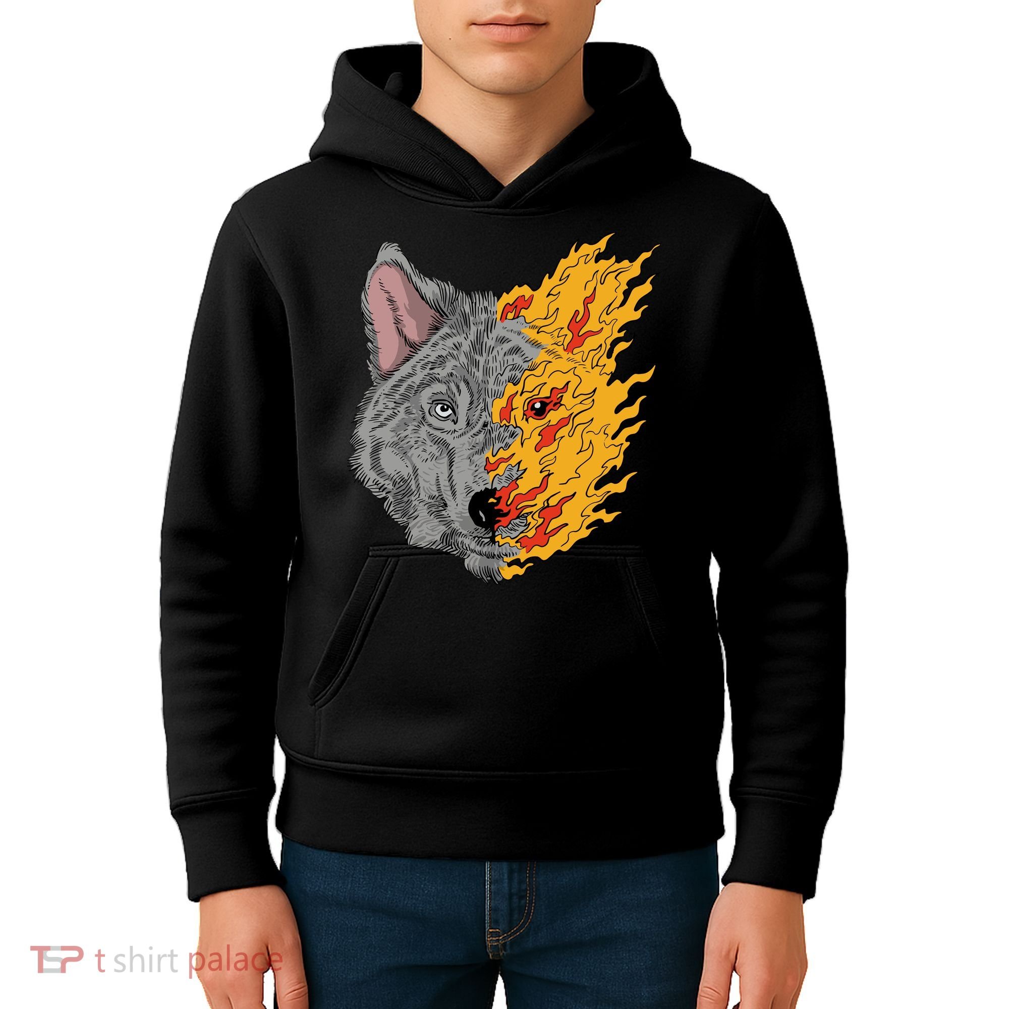 Wolf Face On Fire Kids Hoodie