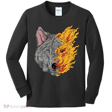 Wolf Face On Fire Kids Long Sleeve Shirt