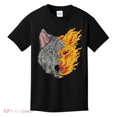 Wolf Face On Fire Kids T-Shirt